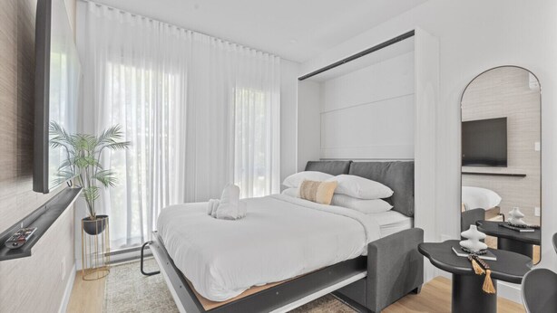 Una habitación de hotel moderna con una cama, televisor, escritorio y una planta en maceta.
