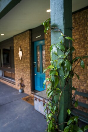 A building entrance with a blue door, a brick wall, and a green post with climbing plants.