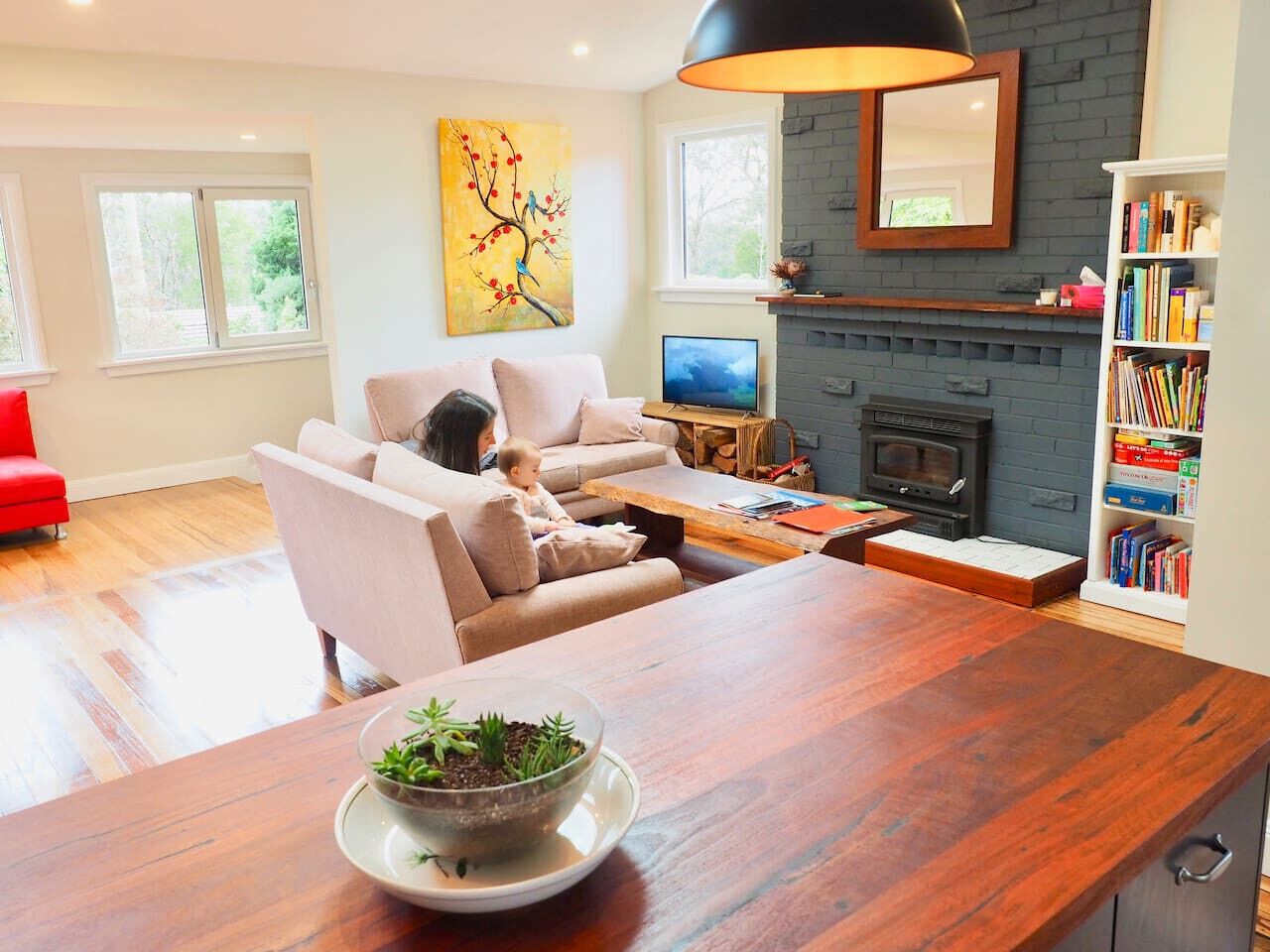 TV, fireplace