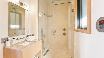 A modern bathroom with a glass-enclosed shower, a vanity with a sink, and a mirror.