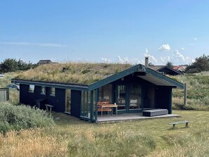 A modern house with a grass roof, large windows, and a wooden deck.