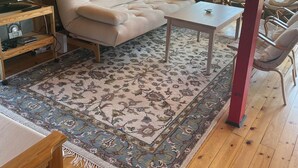 Un salon confortable avec un canapé, une table basse, un téléviseur et une cheminée.