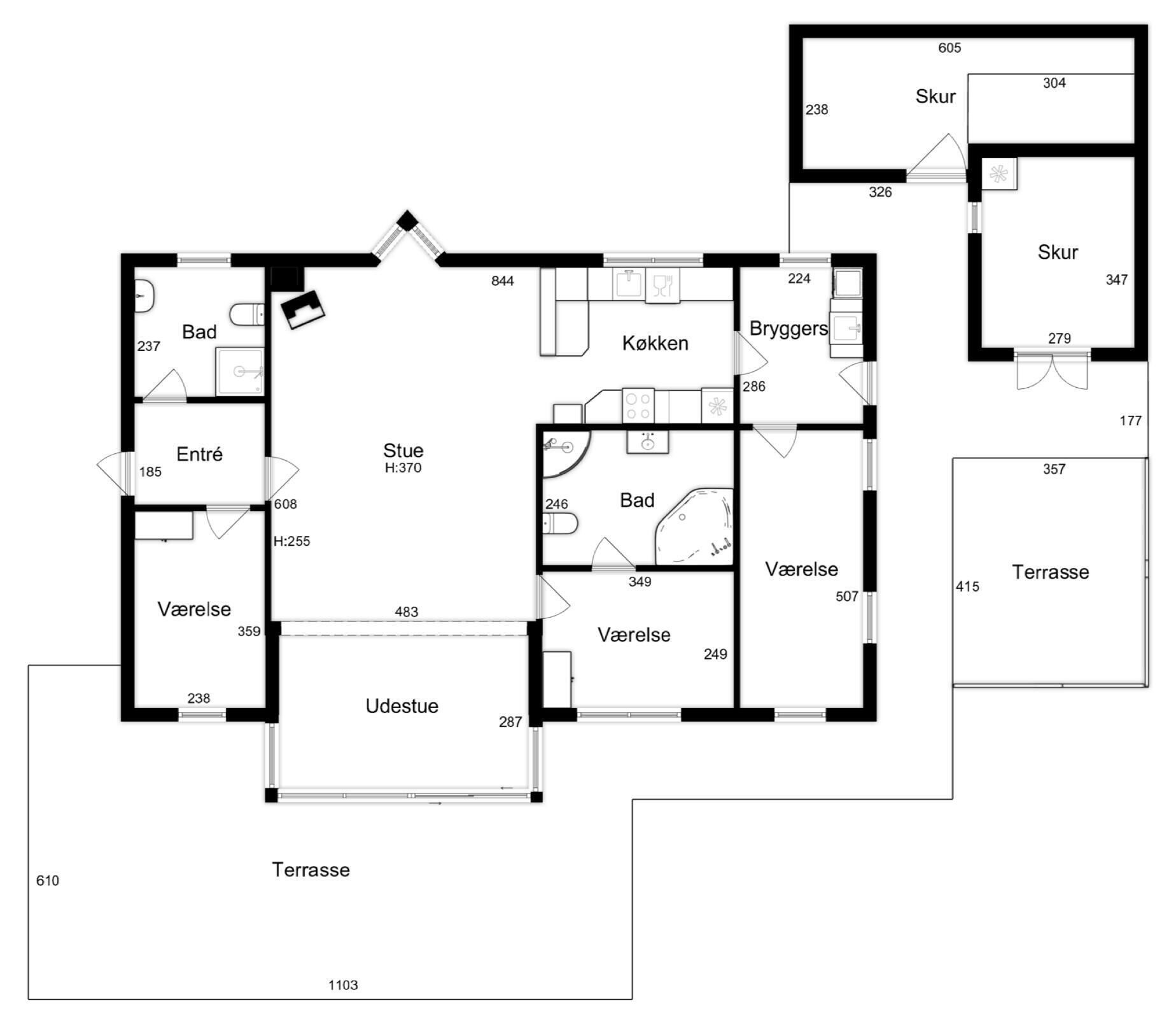 Un plan d’étage d’hôtel comprenant plusieurs pièces, notamment une terrasse, une cuisine et une salle de bain.