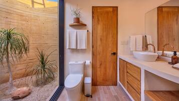 Hair dryer, towels, soap, shampoo