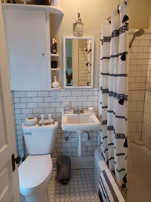 Hair dryer, towels, soap, toilet paper