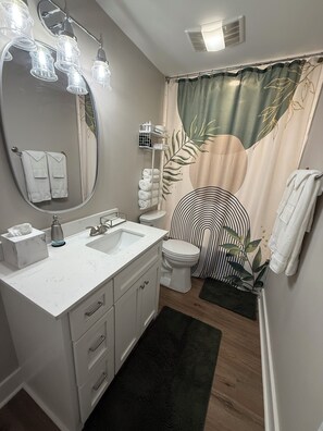 Secador de cabelo, toalhas de banho, sabonete, shampoo