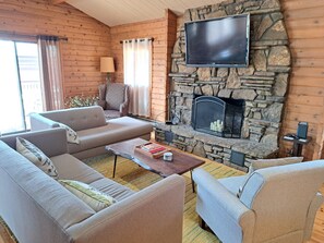 Smart TV, fireplace, DVD player, books