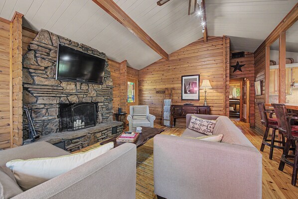 Smart TV, fireplace, DVD player, books