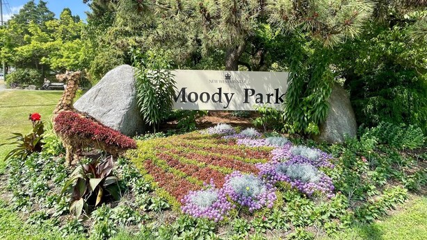 Ein Schild für den Moody Park mit einem dekorativen Stein und verschiedenen bunten Blumen.