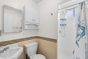 Hair dryer, towels, soap, toilet paper