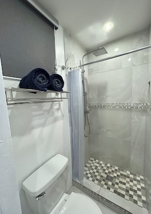 Hair dryer, towels, soap, shampoo