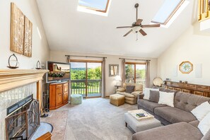 Smart TV, fireplace, video games, DVD player