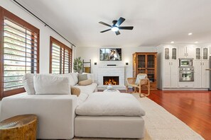Smart TV, fireplace, books, stereo