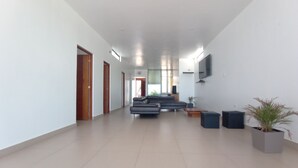 Un pasillo espacioso que conduce a una sala de estar moderna con sofá, televisión de pantalla plana y una planta en maceta.