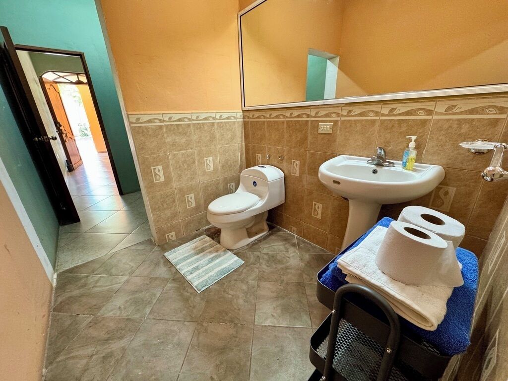 Een haardroger, handdoeken, zeep, toiletpapier