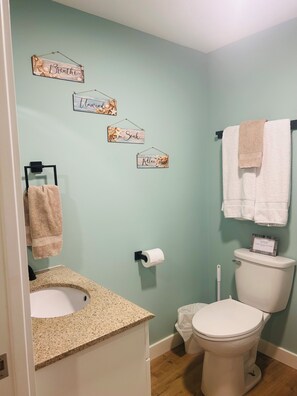 シャワー、タオル、石鹸、トイレットペーパー