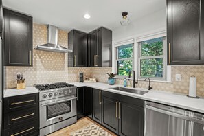 Fridge, microwave, oven, stovetop - Whispering Pines - Downtown 3BR + Game Room & Yard (Delafield)