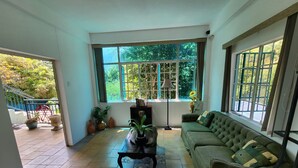 Ampla sala de estar com uma grande janela que oferece vista para o verde lá fora. Há um sofá verde, uma mesa de centro e várias plantas em vasos.