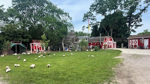 A rural farm with a green field, red barns, and chickens. - Enjoy a little bit of country living in this park model two bedroom trailer home (Bay Shore)