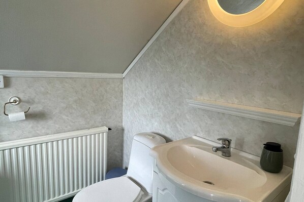 Un baño con inodoro, lavabo y espejo.