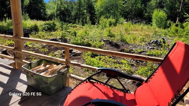 Une terrasse en bois avec une chaise rouge et un conteneur vert, donnant sur une zone boisée avec une montagne en arrière-plan.