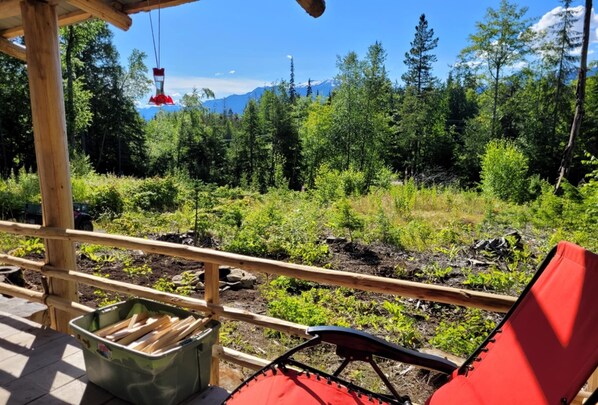 A wooden deck with a red chair and a green container, overlooking a forested area with a mountain in the background.