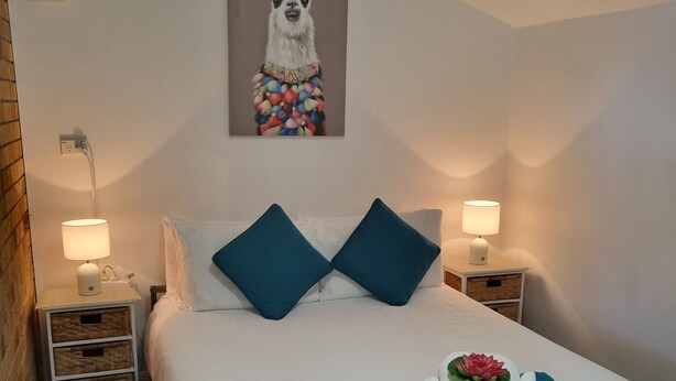A neatly made bed with a white duvet, two blue pillows, and a folded blue towel with a flower on it. There are two bedside lamps, a wall-mounted painting of a llama, and a power outlet on the wall.