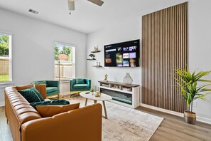 Smart TV, fireplace, books