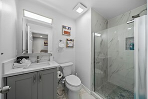 Eco-friendly toiletries, hair dryer, towels, soap