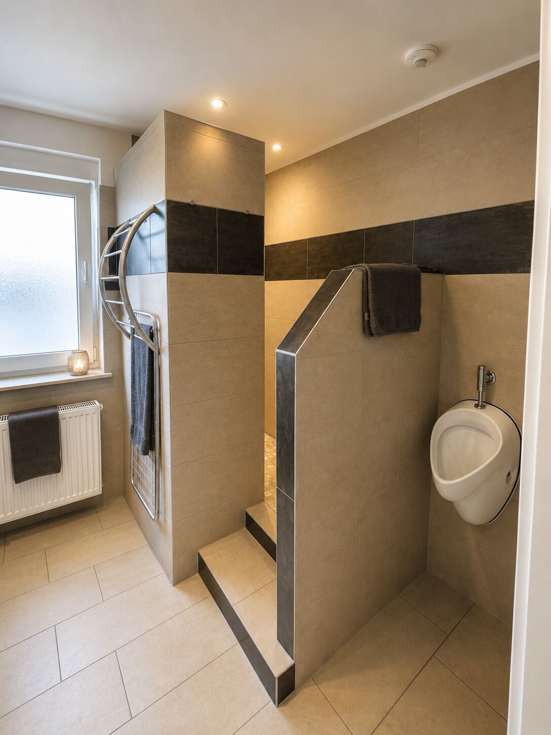 Une salle de bain moderne équipée d’une douche, de toilettes, d’un porte-serviettes et d’une fenêtre.
