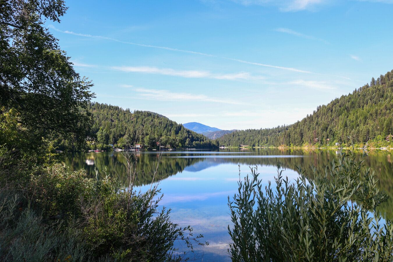 Een vredig meer, omgeven door dicht bos en bergen.