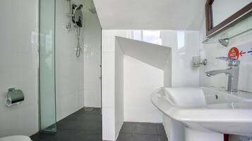 A modern bathroom with a glass shower enclosure, a white sink, and a toilet.