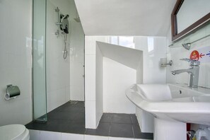 Separate tub and shower, free toiletries, towels, soap