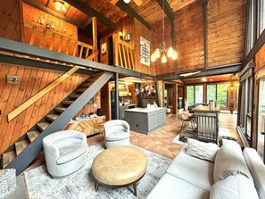 Smart TV, fireplace, foosball, books