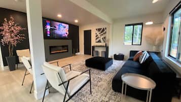 Smart TV, fireplace, stereo, computer monitors