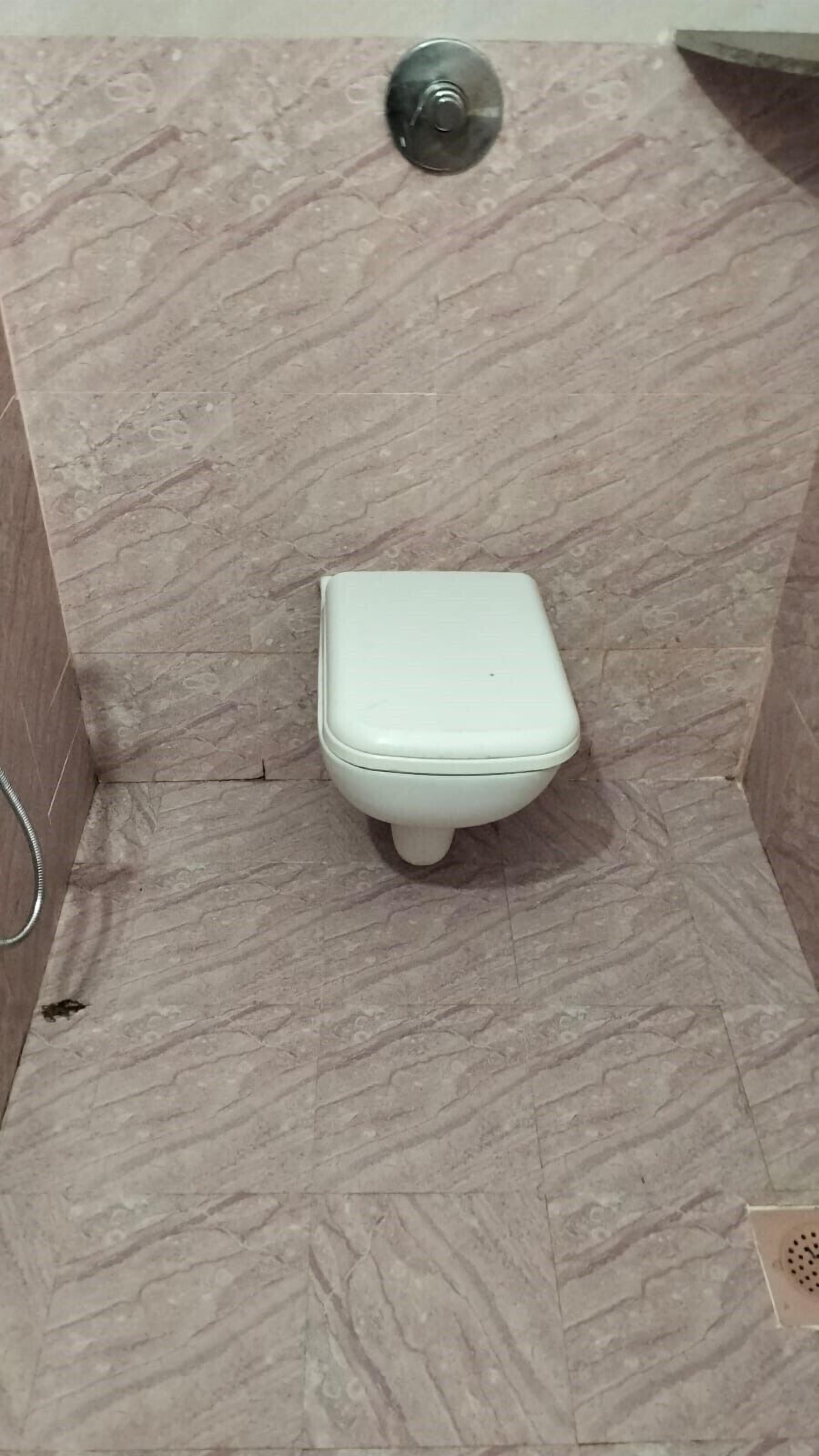 Un baño con inodoro blanco, paredes con diseño de mármol y cabezal de ducha metálico.