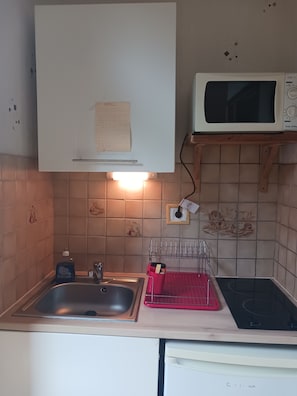 Fridge, microwave, stovetop, coffee/tea maker