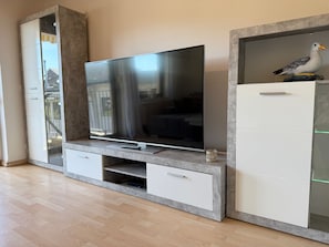 Una sala moderna con una televisión de pantalla plana sobre un mueble empotrado, un armario blanco con puertas de cristal y suelo de madera.