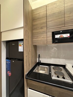 Fridge, microwave, oven, cookware/dishes/utensils