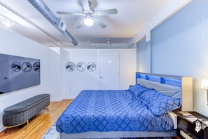 1 bedroom, desk, iron/ironing board, travel crib