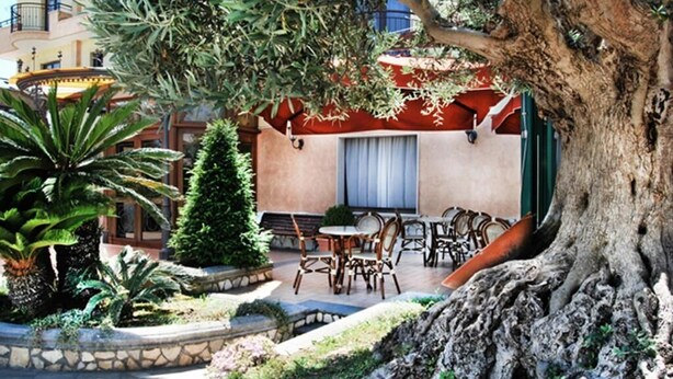 An outdoor patio area with a seating arrangement, surrounded by greenery and a large tree. - HOTEL LA FAYETTE LICOLA (Giugliano in Campania)