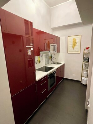 Een microgolfoven, een oven, een kookplaat, een vaatwasser