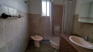 Casa de banho com chuveiro, bidé, pia e espelho.