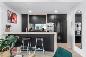 Fridge, microwave, oven, stovetop