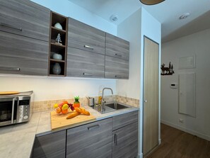 Fridge, microwave, dishwasher