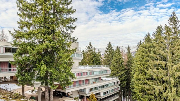 Un immeuble à étages doté d’une architecture moderne, entouré d’une forêt dense de conifères.