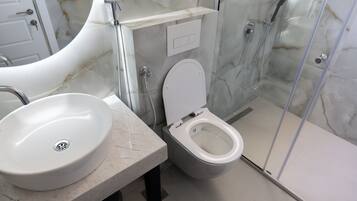 Shower, towels, soap, toilet paper