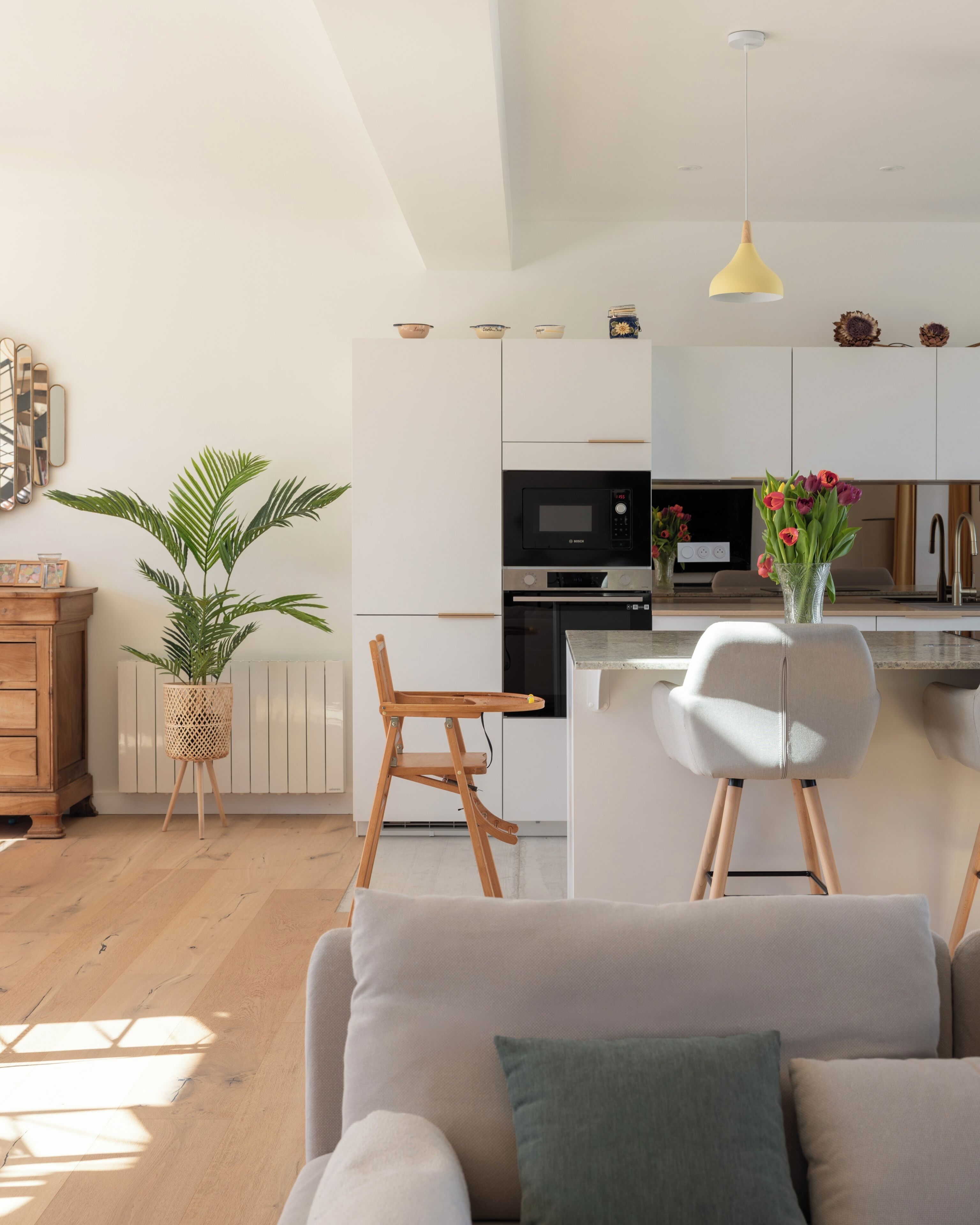 TV connectée, cheminée, livres, chaîne hi-fi