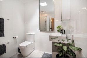 Shower, hair dryer, towels, soap