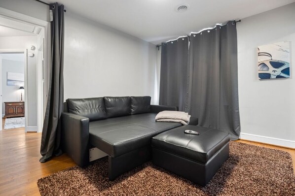 Una sala de estar moderna con un sofá de cuero negro, un otoman a juego y una alfombra marrón con salpicaduras.